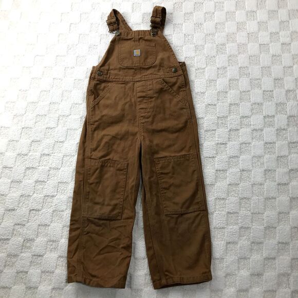 Carhartt Double Knee Bibs Overalls Boys 4 Tan Brown Work Wear Duck Kids Youth - Picture 1 of 13
